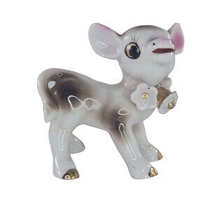 Vintage Ceramic Calf Baby Cow Figurine Flower Bell Collar Anthropomorphic *FLAW